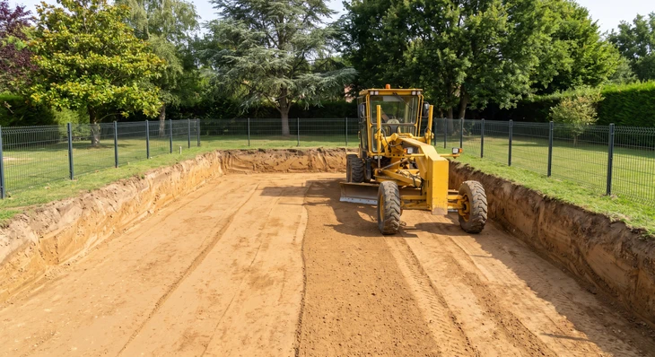 Chantier de terrassement en extérieur avec pelleteuse hydraulique orange opérant sur terrain rocheux près d'un plan d'eau