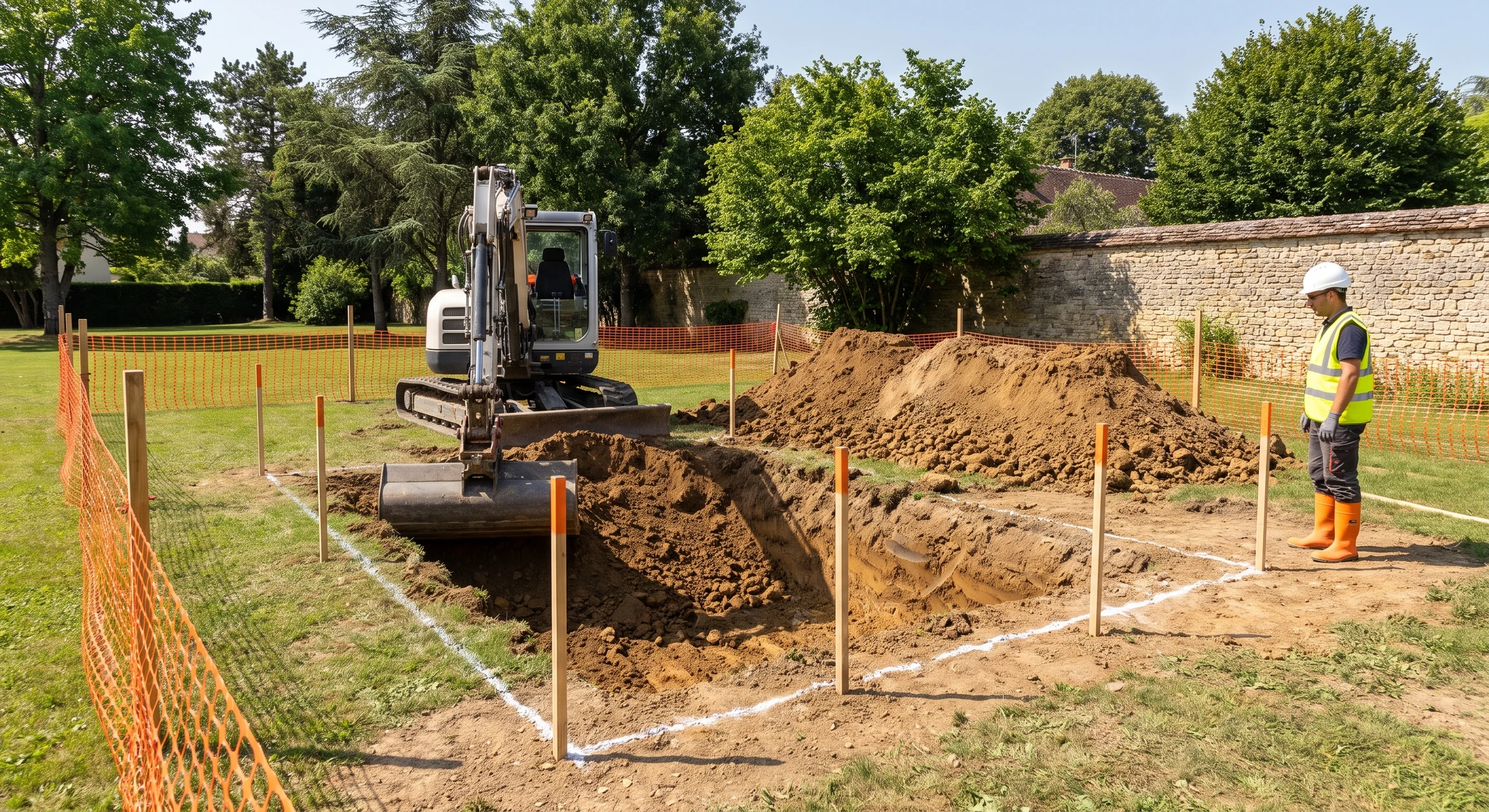 Chantier de construction extérieur avec piscine en cours d'aménagement